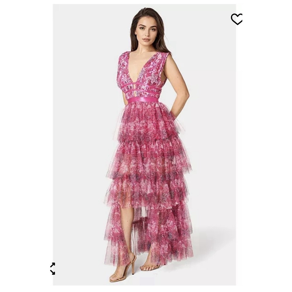 NWT Bebe Tiered High Low Mesh Maxi Dress Pink Floral Paisley Gown Size Small - Picture 5 of 10